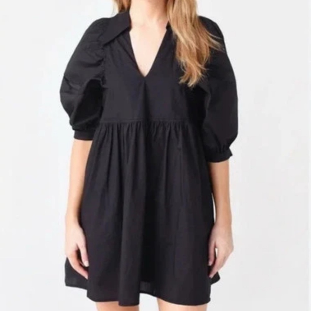 Hunter Bell Tuckernuck Noah Women's Black Puff Sleeve Vneck Mini Dress Small